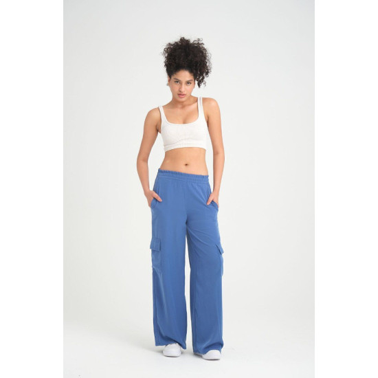 Kadın Indigo Kupra Kumaş Cepli Beli Lastikli Bol Paça Kargo Mavi Indigo Pantolon 3600230