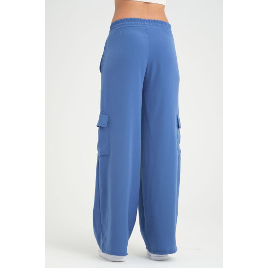 Kadın Indigo Kupra Kumaş Cepli Beli Lastikli Bol Paça Kargo Mavi Indigo Pantolon 3600230