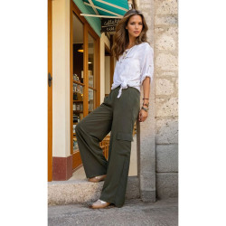 Pasaklı Giyim Kadın Haki Kupra Kumaş Cepli Beli Lastikli Bol Paça Kargo Pantolon 3600308