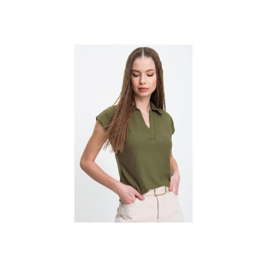 Kadın Haki Yeşil Kısa Kollu Fitilli Kaşkorse Viskon Pamuk Polo Yaka Bluz T-shirt 2879140