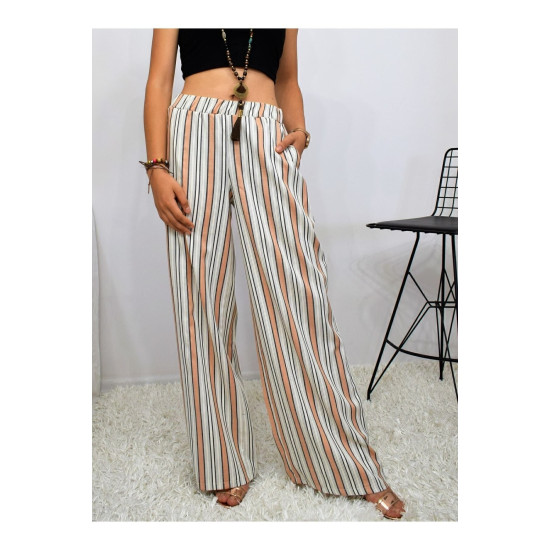 Kadın Kiremit Bej Dik Çizgili Beli Lastikli Cepli Pantolon Tesettür Pantolon 3258200