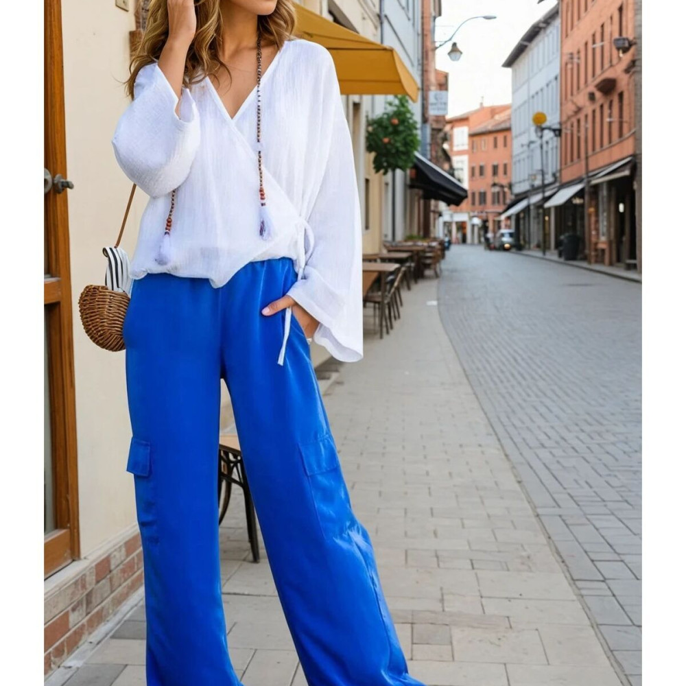 Pasaklı Giyim Kadın Indigo Kupra Kumaş Cepli Beli Lastikli Bol Paça Kargo Mavi Indigo Pantolon 3600308