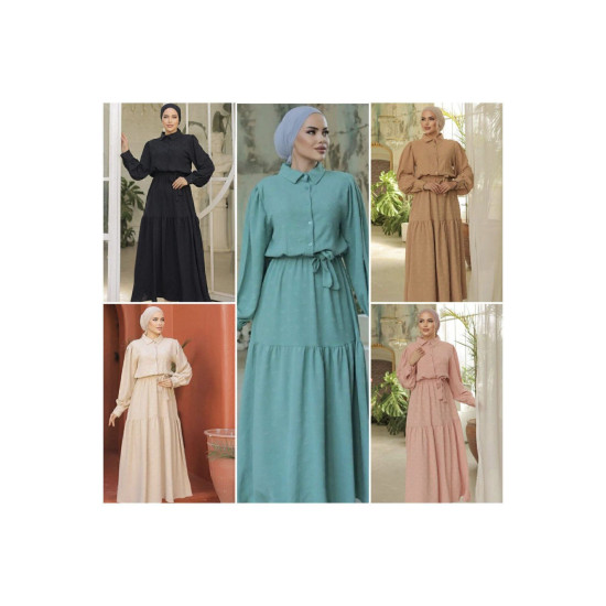 Kadın Taş Kendinden Dokulu Kuşaklı, Uzun Balon Kollu Günlük Uzun Aerobin Elbise 3550350