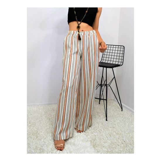 Kadın Kiremit Bej Dik Çizgili Beli Lastikli Cepli Pantolon Tesettür Pantolon 3258200