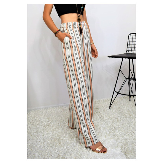 Kadın Kiremit Bej Dik Çizgili Beli Lastikli Cepli Pantolon Tesettür Pantolon 3258200