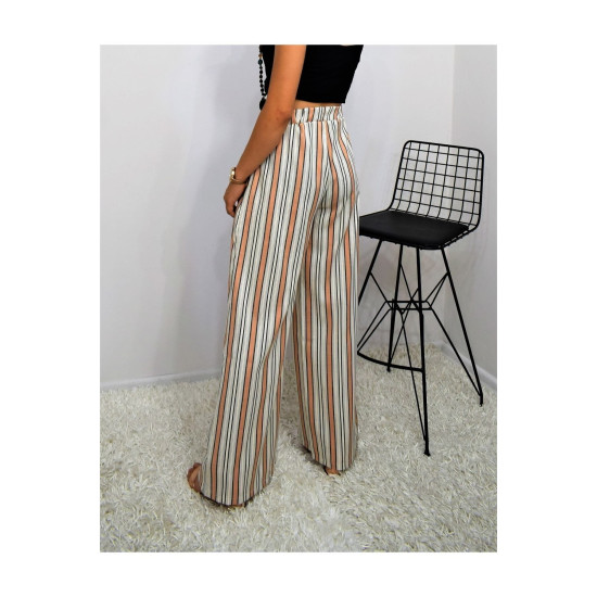 Kadın Kiremit Bej Dik Çizgili Beli Lastikli Cepli Pantolon Tesettür Pantolon 3258200