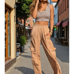 Pasaklı Giyim Kadın Bej Kupra Kumaş Cepli Beli Lastikli Bol Paça Kargo Pantolon 3600308