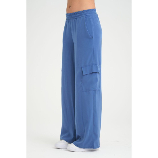 Kadın Indigo Kupra Kumaş Cepli Beli Lastikli Bol Paça Kargo Mavi Indigo Pantolon 3600230