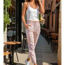Kadın Dar Kesim Keten Çizgili Cepli Havuç Pantolon Kiremit 3394210