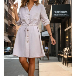 Kadın Bej Uzun Kollu Beli Bağcıklı Cepli Düğmeli A Kesim Cupra Salaş Elbise 3411300