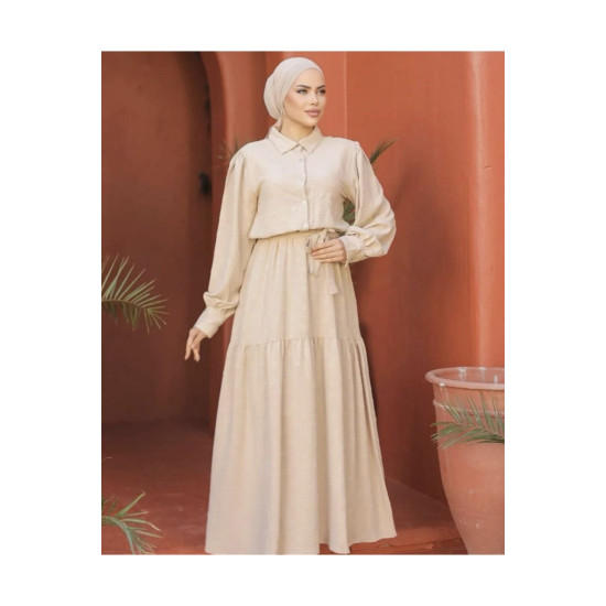 Kadın Taş Kendinden Dokulu Kuşaklı, Uzun Balon Kollu Günlük Uzun Aerobin Elbise 3550350