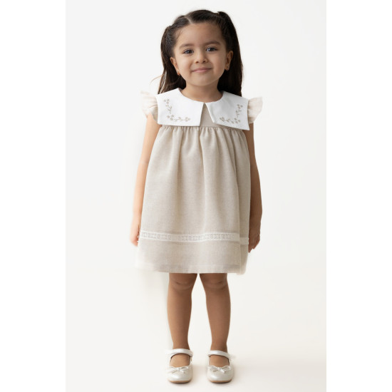 Kız Bebek Elbise Kız Çocuk Elbise Doğum Günü Parti Düğün Keten Kısa Kollu Astarlı Elbise