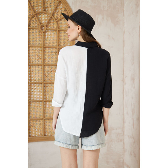 Kadın Müslin %100 Pamuk Salaş Color Block Iki Renkli Uzun Kollu Siyah Beyaz Gömlek 3458240648