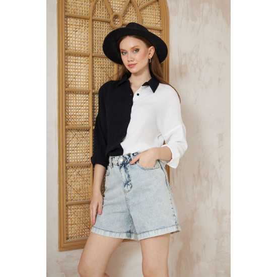 Kadın Müslin %100 Pamuk Salaş Color Block Iki Renkli Uzun Kollu Siyah Beyaz Gömlek 3458240648