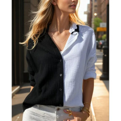 Kadın Müslin %100 Pamuk Salaş Color Block Iki Renkli Uzun Kollu Siyah Beyaz Gömlek 3458240648