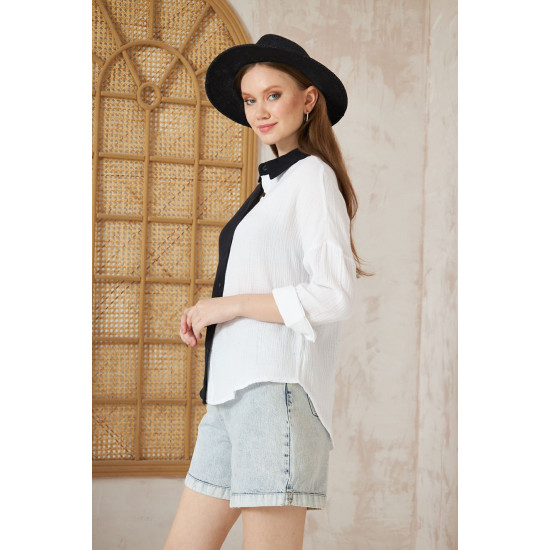 Kadın Müslin %100 Pamuk Salaş Color Block Iki Renkli Uzun Kollu Siyah Beyaz Gömlek 3458240648