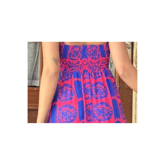 Kadın Fuşya Mavi İp Askılı Sırtı Lastikli Yırtmaçlı Desenli Uzun Giy - Çık Elbise 3627350