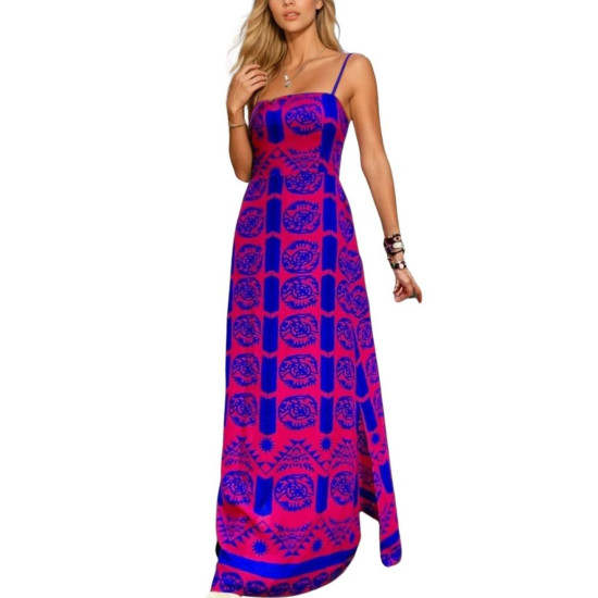 Kadın Fuşya Mavi İp Askılı Sırtı Lastikli Yırtmaçlı Desenli Uzun Giy - Çık Elbise 3627350