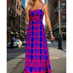 Kadın Fuşya Mavi İp Askılı Sırtı Lastikli Yırtmaçlı Desenli Uzun Giy - Çık Elbise 3627350