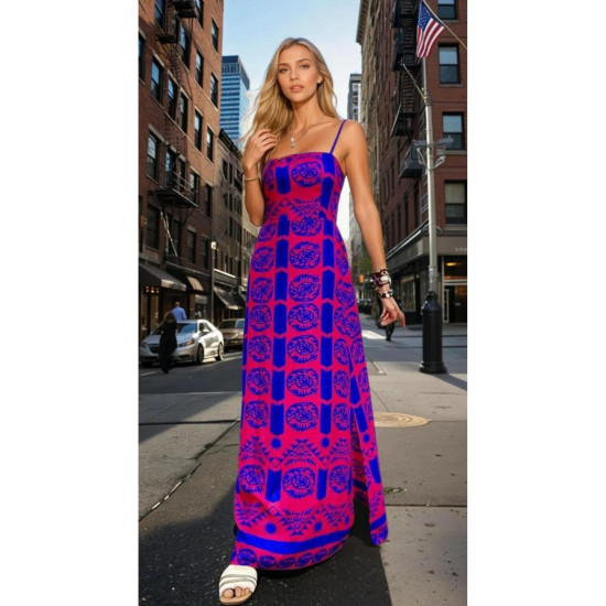 Kadın Fuşya Mavi İp Askılı Sırtı Lastikli Yırtmaçlı Desenli Uzun Giy - Çık Elbise 3627350