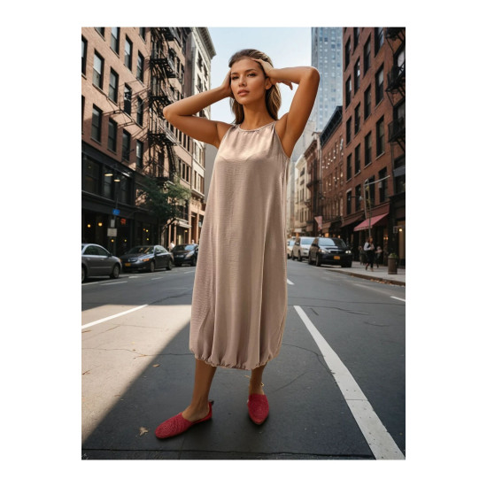 Kadın Pudra Eteği Lastikli Kolsuz Airobin Giy-Çık Günlük Rahat Yazlık Elbise 3657286