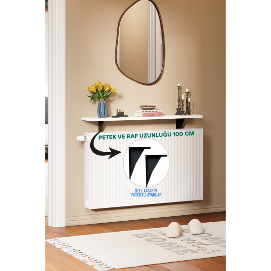 Montajsız Dresuar Petek Üstü Uçan Raf Kalorifer Petek Rafı - 100x18 Cm Beyaz Oval Kesim