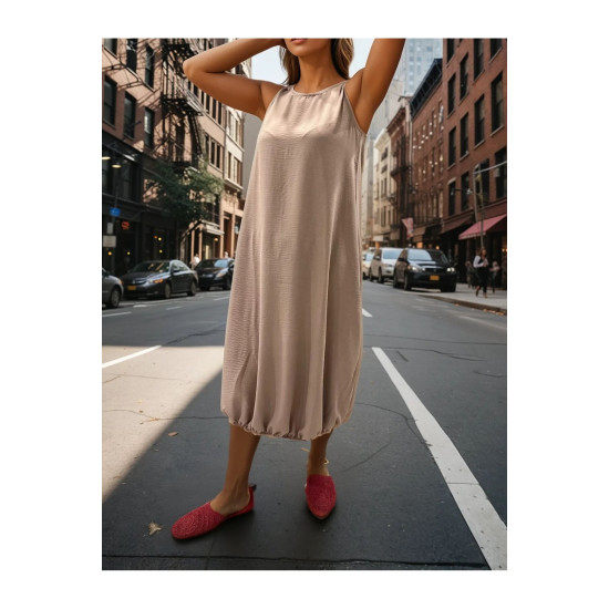 Kadın Pudra Eteği Lastikli Kolsuz Airobin Giy-Çık Günlük Rahat Yazlık Elbise 3657286