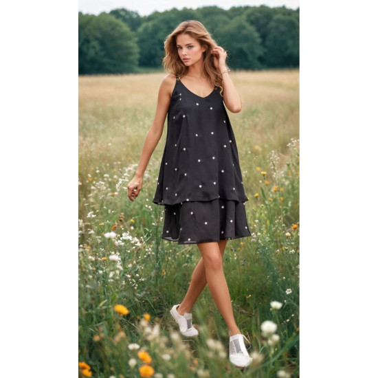 Kadın Siyah Şifon Nakış-Deri Askı Giy Çık Askılı Günlük Midi Yazlık Elbise(ASTARSIZDIR) 3420300