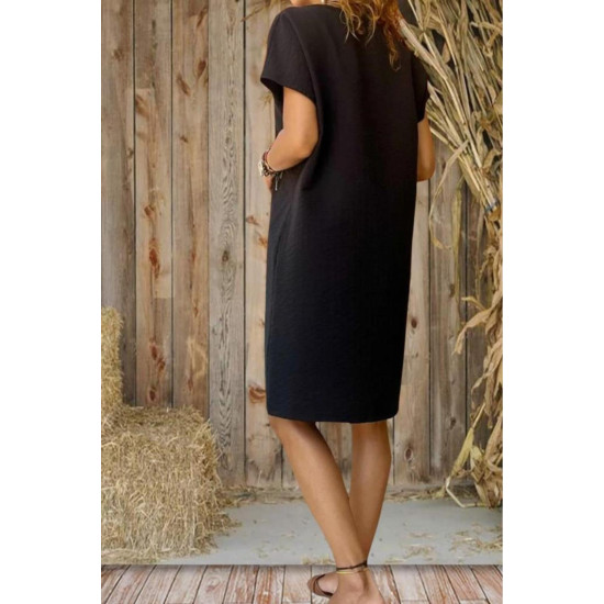Kadın Siyah Özel Dokulu Kumaş Günlük Giy-Çık Yazlık Cepli Midi Elbise 3655264