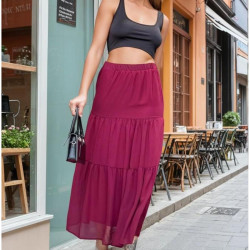 Kadın Bordo Şifon İki Katlı Beli Lastikli Uzun Etek 3642220