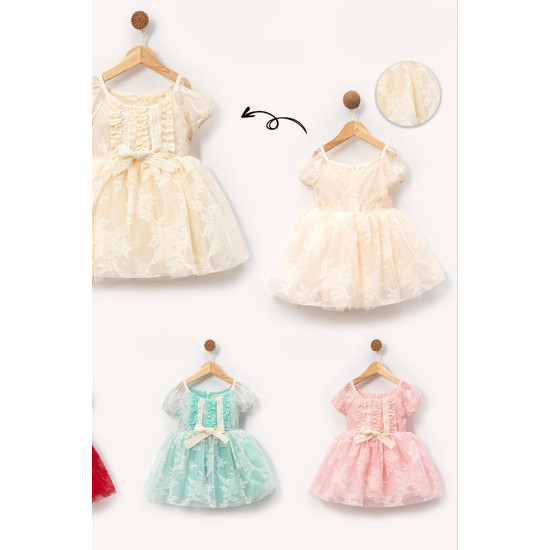 Kız Bebek Kız Çocuk Doğum Günü Parti Düğün Elbise Kısa Kol Dantelli Astarlı Elbise