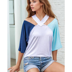 Kadın Dekolte Pencere Detaylı Kısa Kollu Lacivert Mint Beyaz T-shirt 3264210