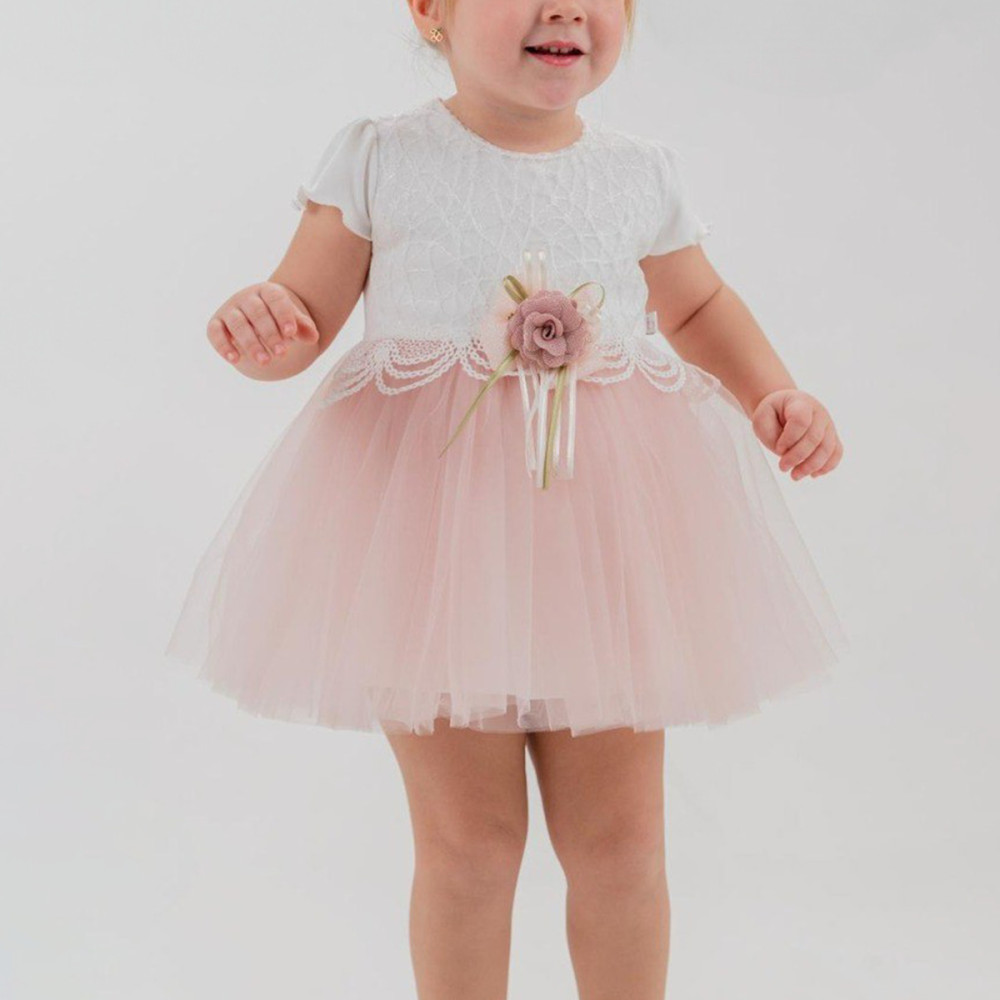 Kız Bebek Kız Çocuk Doğum Günü Parti Düğün Elbise Kısa Kol Dantel Çiçek Tüllü Tütülü Tütü Astarlı