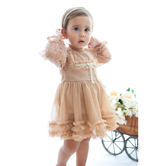 Kız Bebek Elbise Kız Çocuk Elbise Doğum Günü Parti Düğün Elbise Dantelli Uzun Kol Astarlı Elbise