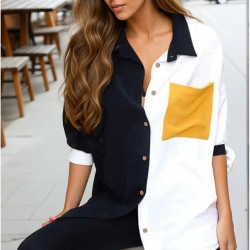 Kadın Siyah Sarı Beyaz Renk Detaylı Arkası Uzun Uzun Kollu Dökümlü Tunik Gömlek 3071250