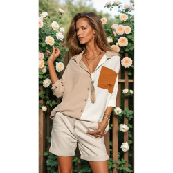 Pasaklı Giyim Kadın İki Renkli Gömlek 3071264 Bej-Kiremit
