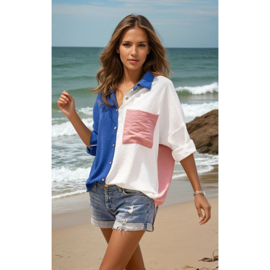 Pasaklı Giyim Kadın İki Renkli Gömlek 3071264 İndigo-Pudra