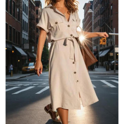 Kadın Kırışmaz Safari Cepli Kemerli Airobin Kısa Kollu Düğmeli Günlük Uzun Gömlek Elbise 4045410