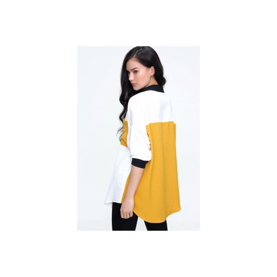 Kadın Siyah Sarı Beyaz Renk Detaylı Arkası Uzun Uzun Kollu Dökümlü Tunik Gömlek 3071250