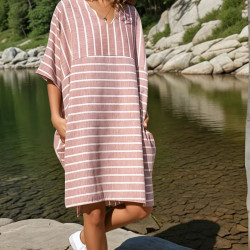 Kadın Bordo Bej Keten V Yaka Çizgili Cepli Salaş Günlük Yazlık Giy Çık Oversize Elbise 3340286