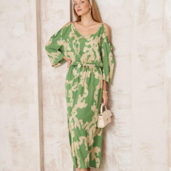 Kadın Beli Lastikli Kemerli Omuz Dekolte Salaş Uzun Viskon Elbise 3628300