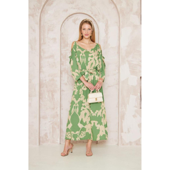 Kadın Beli Lastikli Kemerli Omuz Dekolte Salaş Uzun Viskon Elbise 3628300