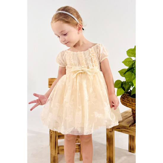 Kız Bebek Kız Çocuk Doğum Günü Parti Düğün Elbise Kısa Kol Dantelli Astarlı Elbise