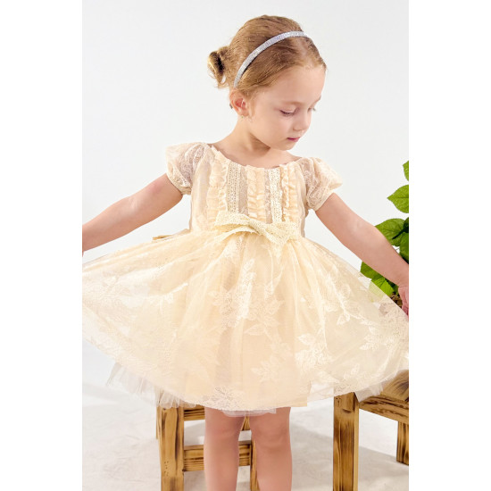Kız Bebek Kız Çocuk Doğum Günü Parti Düğün Elbise Kısa Kol Dantelli Astarlı Elbise