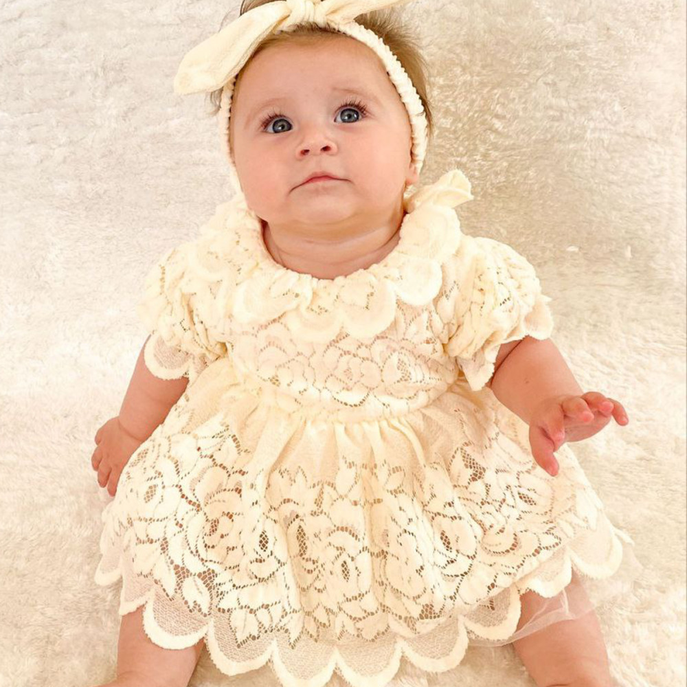 Kız Bebek Kız Çocuk Doğum Günü Parti Düğün Elbise Kısa Kol Bandanalı Dantelli Astarlı Romper