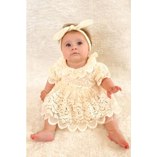 Kız Bebek Kız Çocuk Doğum Günü Parti Düğün Elbise Kısa Kol Bandanalı Dantelli Astarlı Romper