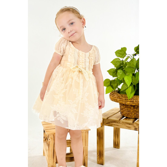 Kız Bebek Kız Çocuk Doğum Günü Parti Düğün Elbise Kısa Kol Dantelli Astarlı Elbise