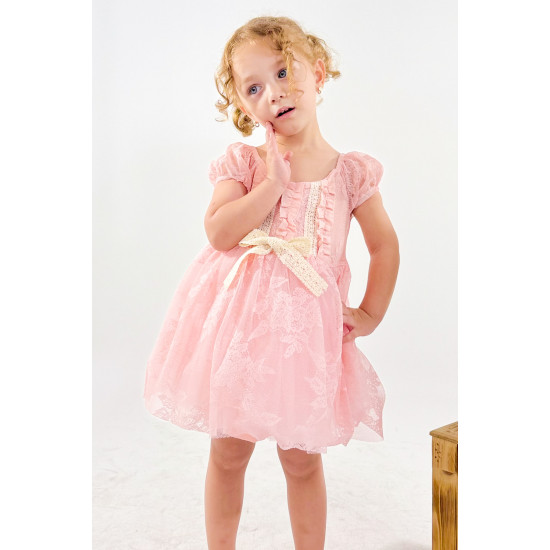 Kız Bebek Kız Çocuk Doğum Günü Parti Düğün Elbise Kısa Kol Dantelli Astarlı Elbise