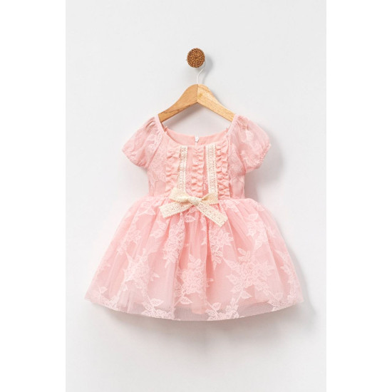 Kız Bebek Kız Çocuk Doğum Günü Parti Düğün Elbise Kısa Kol Dantelli Astarlı Elbise