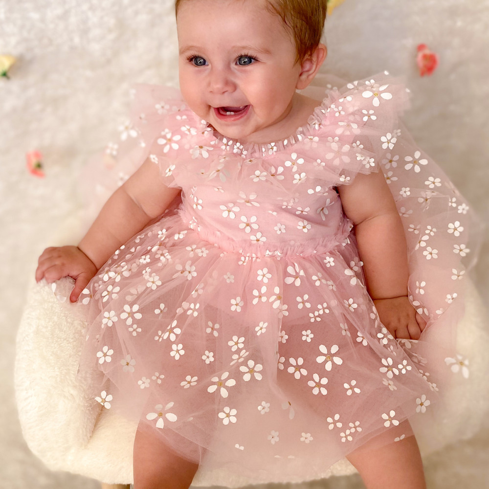 Kız Bebek Elbise Kız Çocuk Elbise Doğum Günü Parti Düğün Elbise Dantelli Kısa Kol Astarlı Pudra